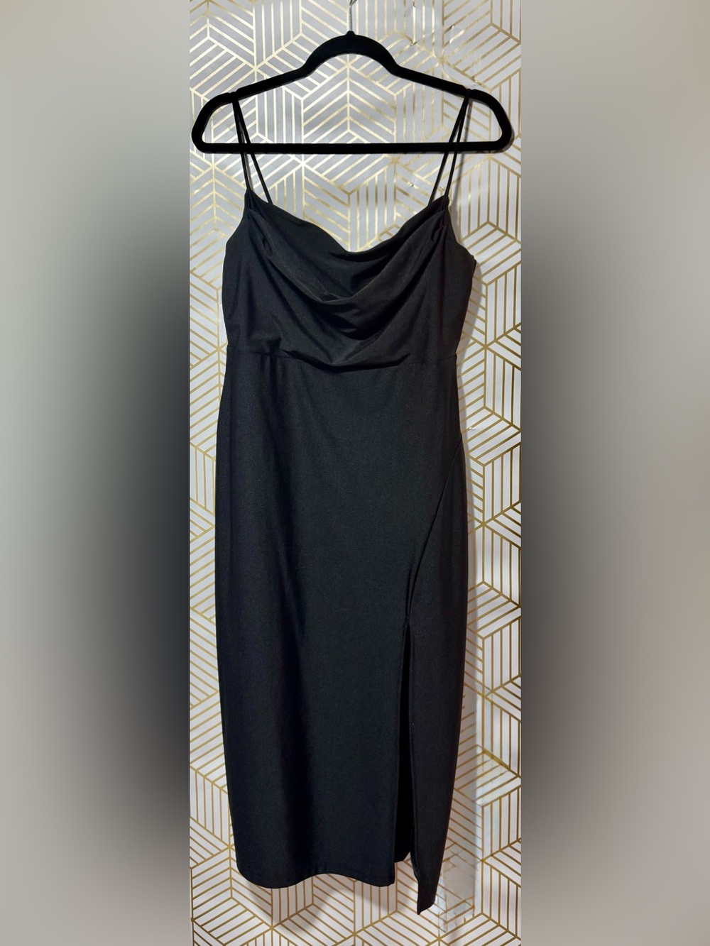 Windsor Black Cowl Neck Midi Slip Dress with Side Slit